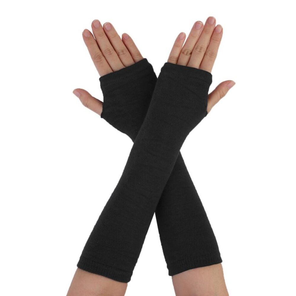 Winter Warmers Fingerless Thumbhole Elastic Long Knitted Gloves One Size Black